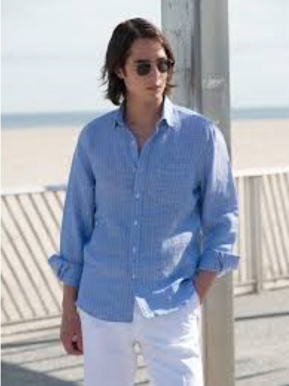 100% linen Murano Blue Striped Casual Button-Down Shirt 930